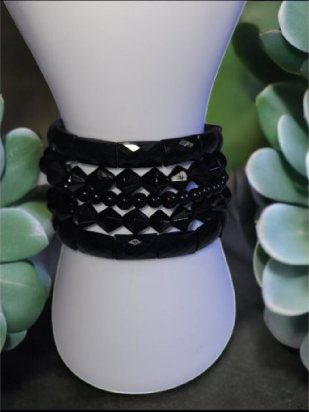 Vintage Black Plastic Beaded Layered Stretch Bracelet
